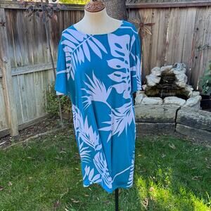 Alexander + Oak Jersey Blue/White Leaf Aloha Tropical Hawaiian Dress XXL